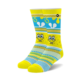 yellow crew socks featuring a christmas-themed spongebob squarepants pattern.  