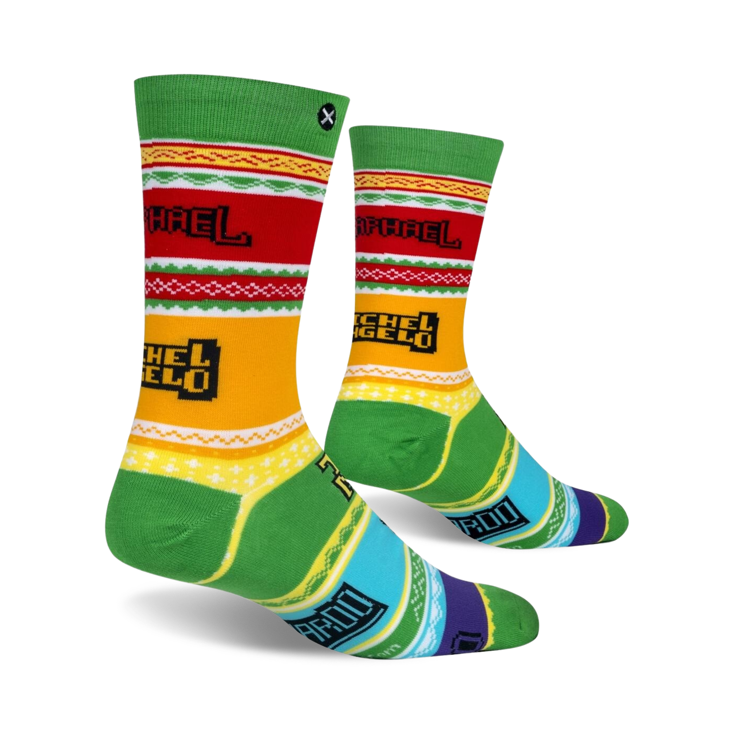 Pair of Teenage Mutant Ninja Turtles ugly sweater socks displayed on a white background.