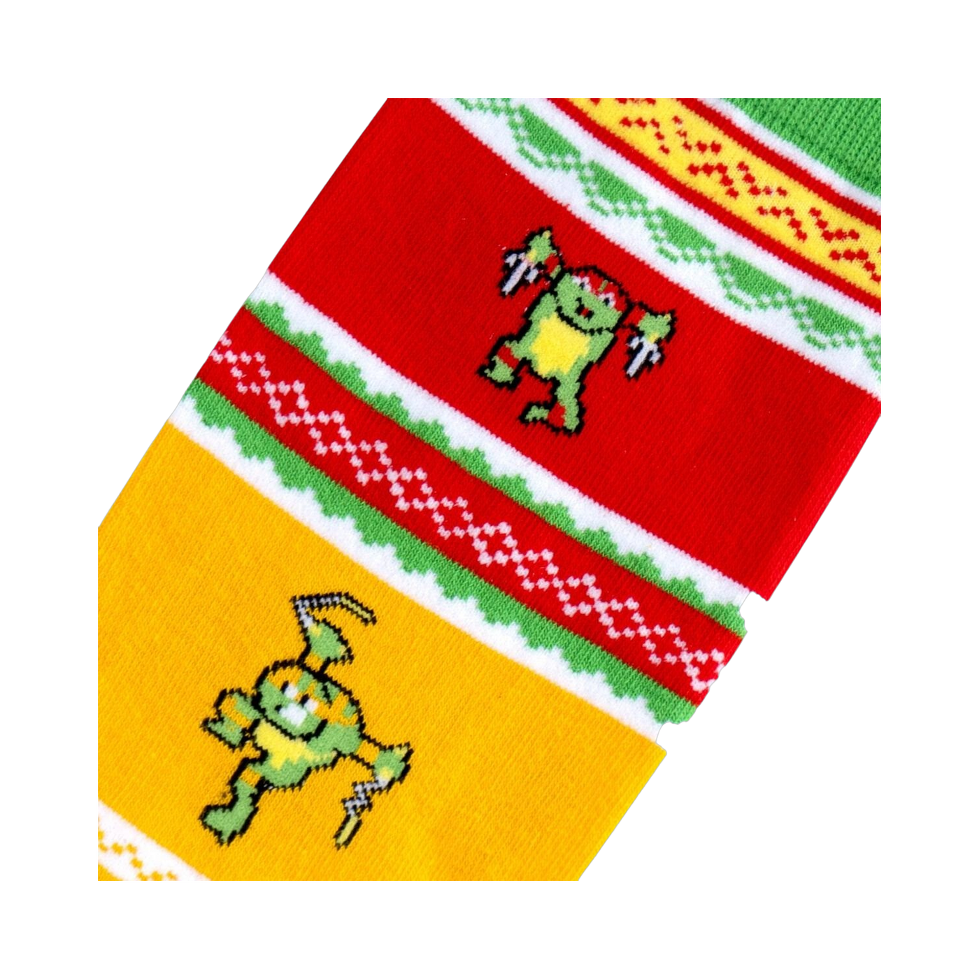 Close-up detail shot showcasing the pixel art TMNT design and colorful stripes on the socks.