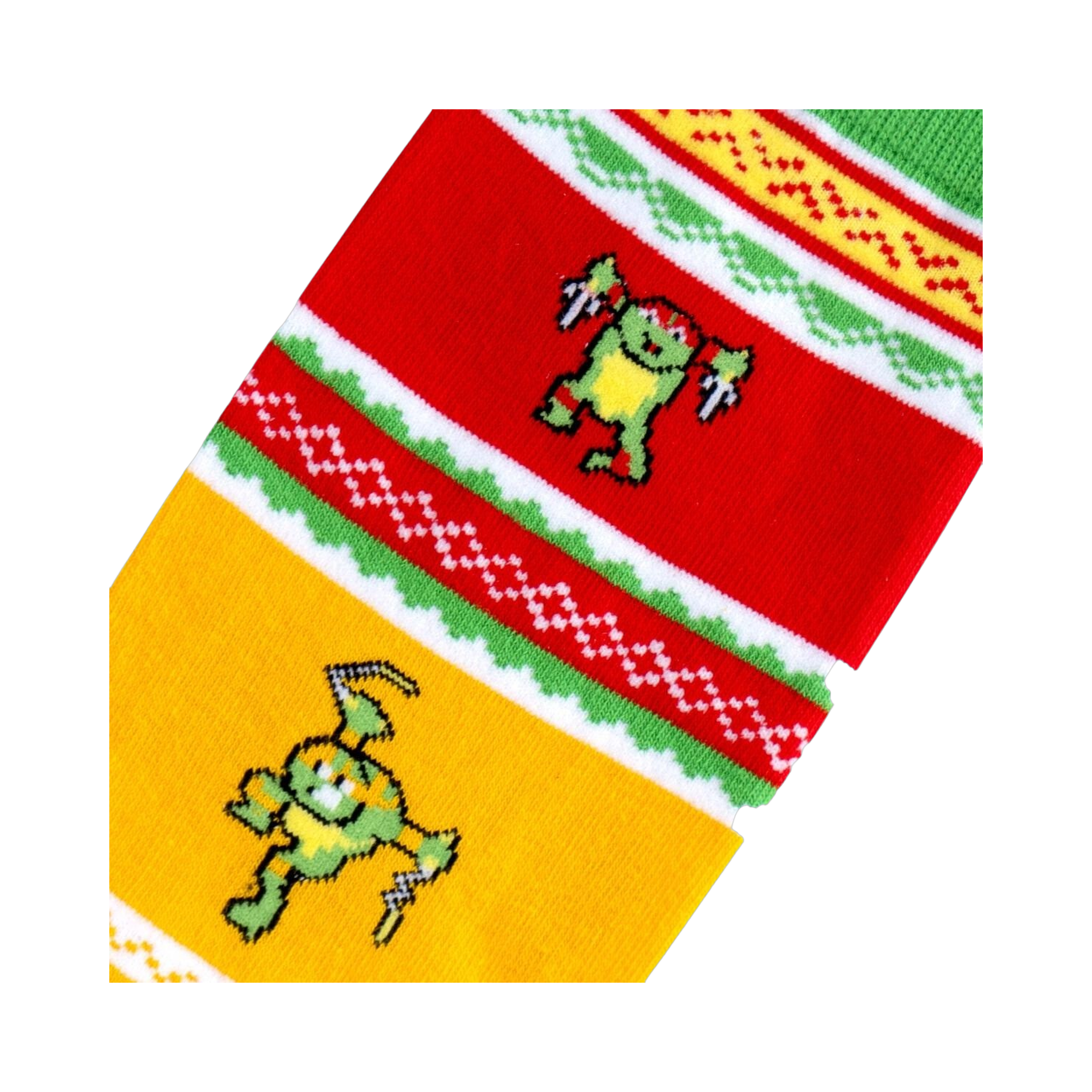 Close-up detail shot showcasing the pixel art TMNT design and colorful stripes on the socks.