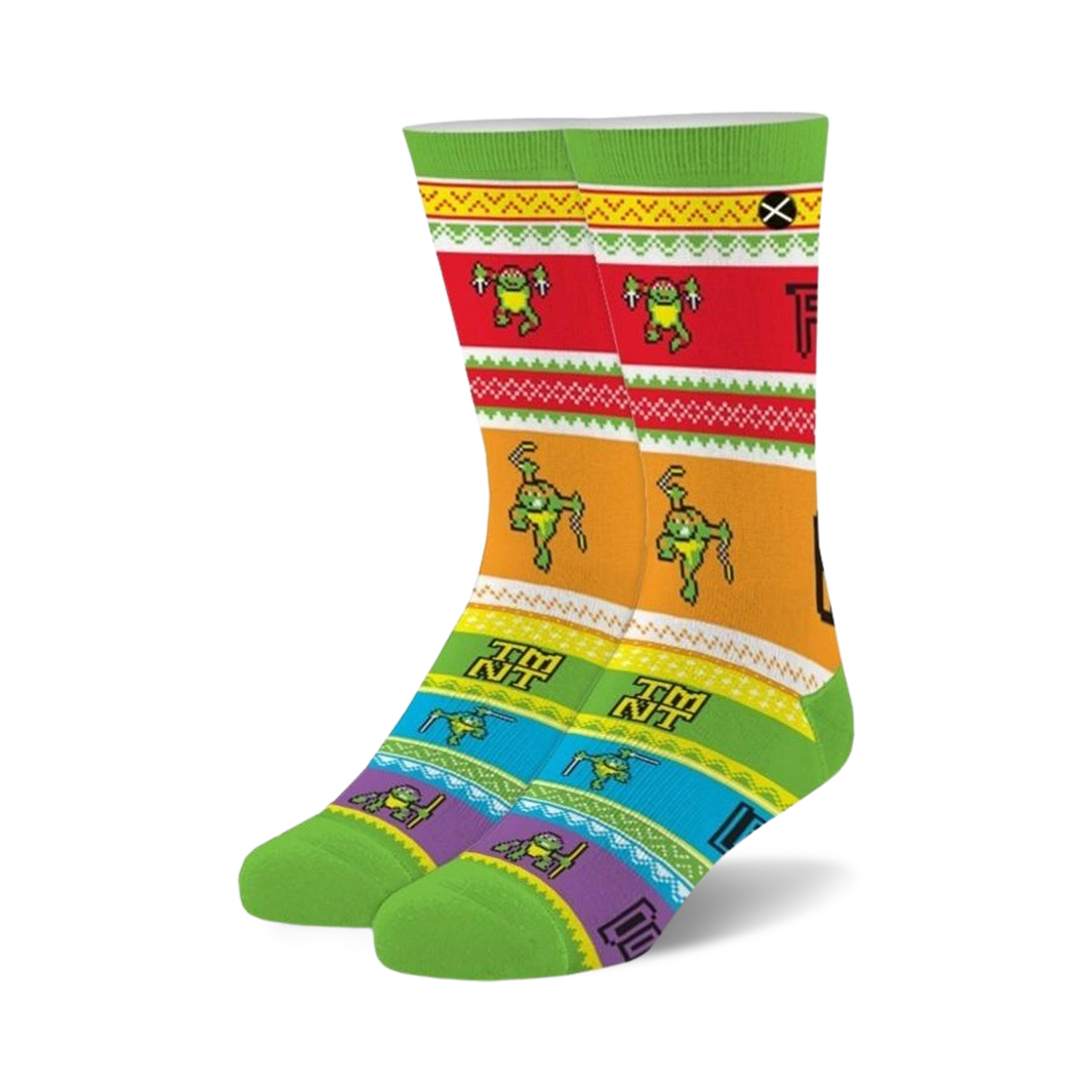 Crew socks in green, red, yellow, and blue feature a pixelated Teenage Mutant Ninja Turtles ugly sweater design.