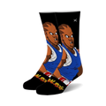 Pair of black crew socks with a graphic of Balrog from Street Fighter 2.  The main colors are black, blue, and brown.  Balrog's name is written in flames on the bottom.