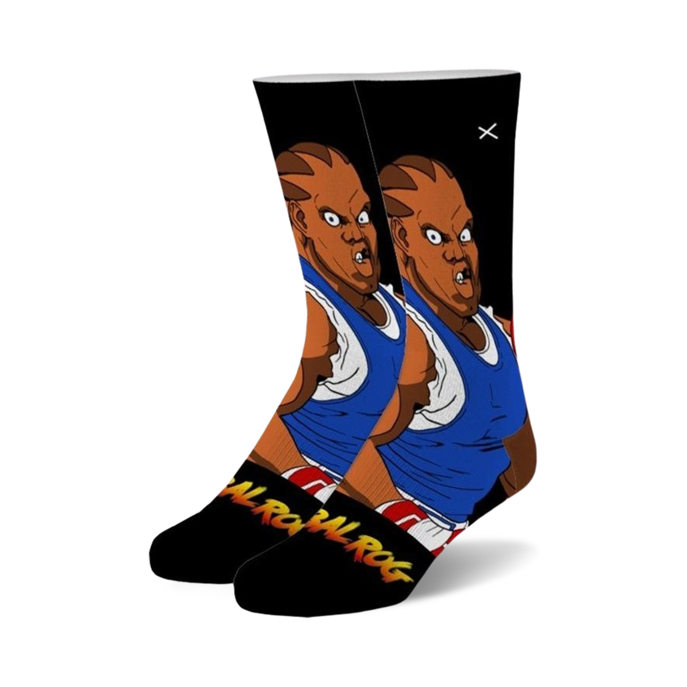 Pair of black crew socks with a graphic of Balrog from Street Fighter 2.  The main colors are black, blue, and brown.  Balrog's name is written in flames on the bottom.