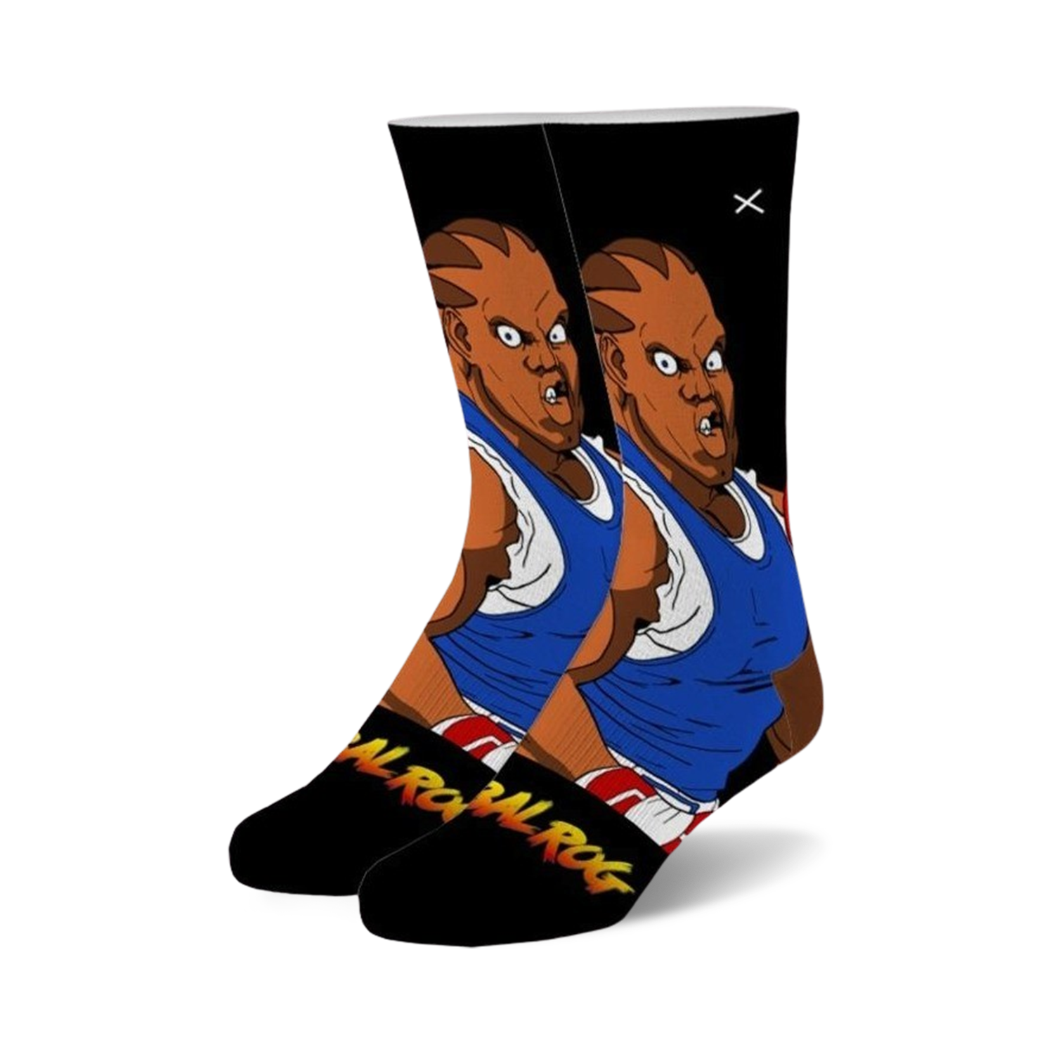 Pair of black crew socks with a graphic of Balrog from Street Fighter 2.  The main colors are black, blue, and brown.  Balrog's name is written in flames on the bottom.