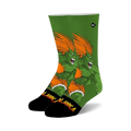 A pair of crew socks showcasing Blanka from Street Fighter 2.  Green and orange are the main colors; Blanka's image is repeated across the socks.