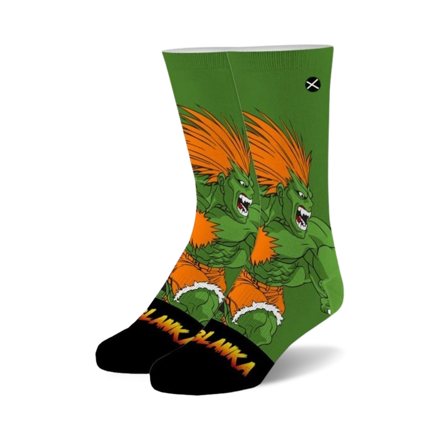 A pair of crew socks showcasing Blanka from Street Fighter 2.  Green and orange are the main colors; Blanka's image is repeated across the socks.
