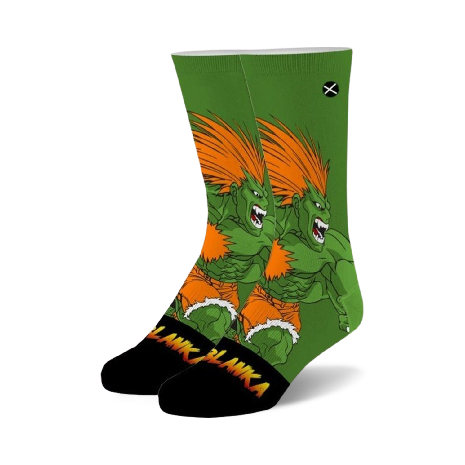 A pair of crew socks showcasing Blanka from Street Fighter 2.  Green and orange are the main colors; Blanka's image is repeated across the socks.