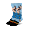 Crew socks with a Street Fighter 2 Chun-Li design.  The socks are light blue with a graphic image of Chun-Li in her signature blue outfit and the words 'Chun-Li' at the bottom.