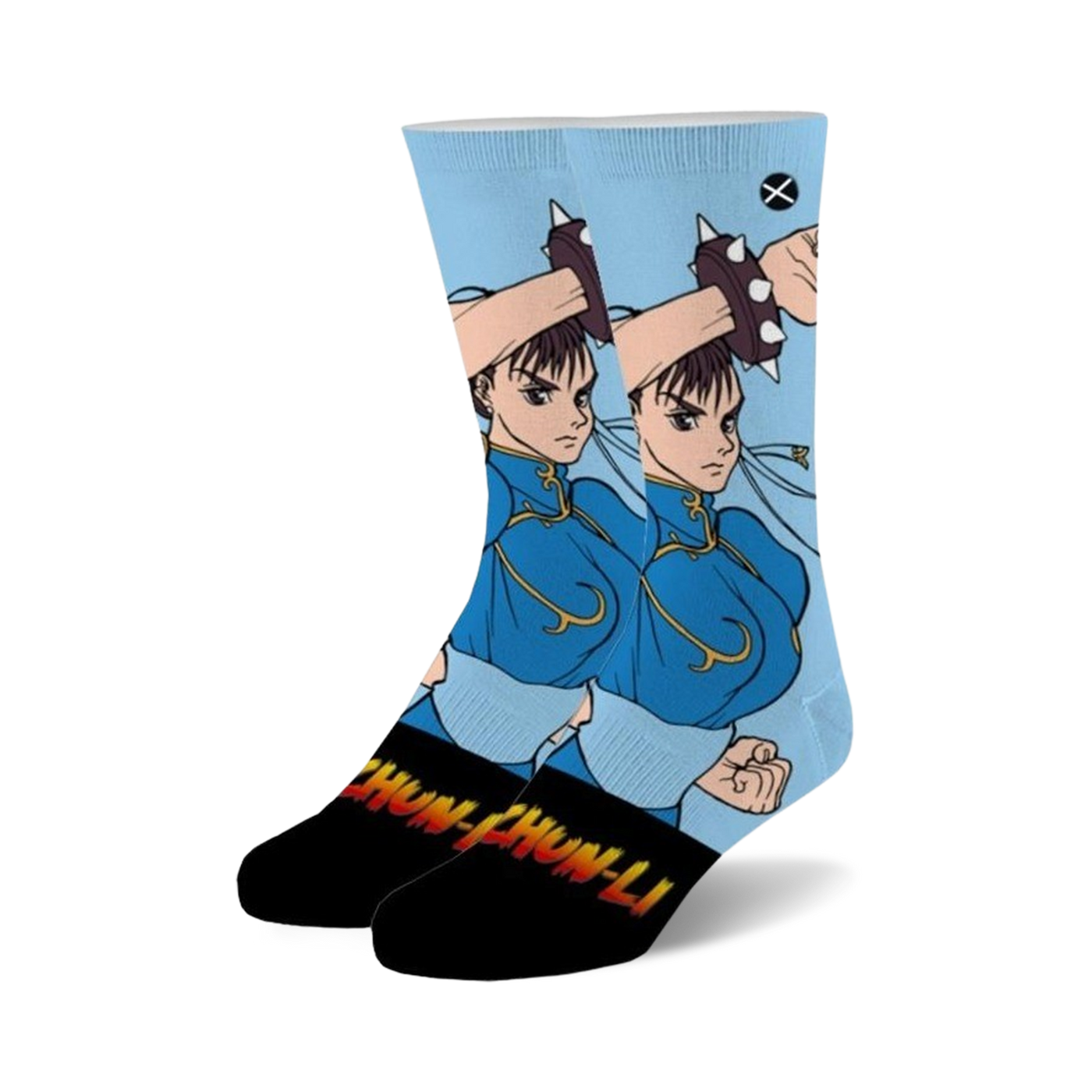 Crew socks with a Street Fighter 2 Chun-Li design.  The socks are light blue with a graphic image of Chun-Li in her signature blue outfit and the words 'Chun-Li' at the bottom.