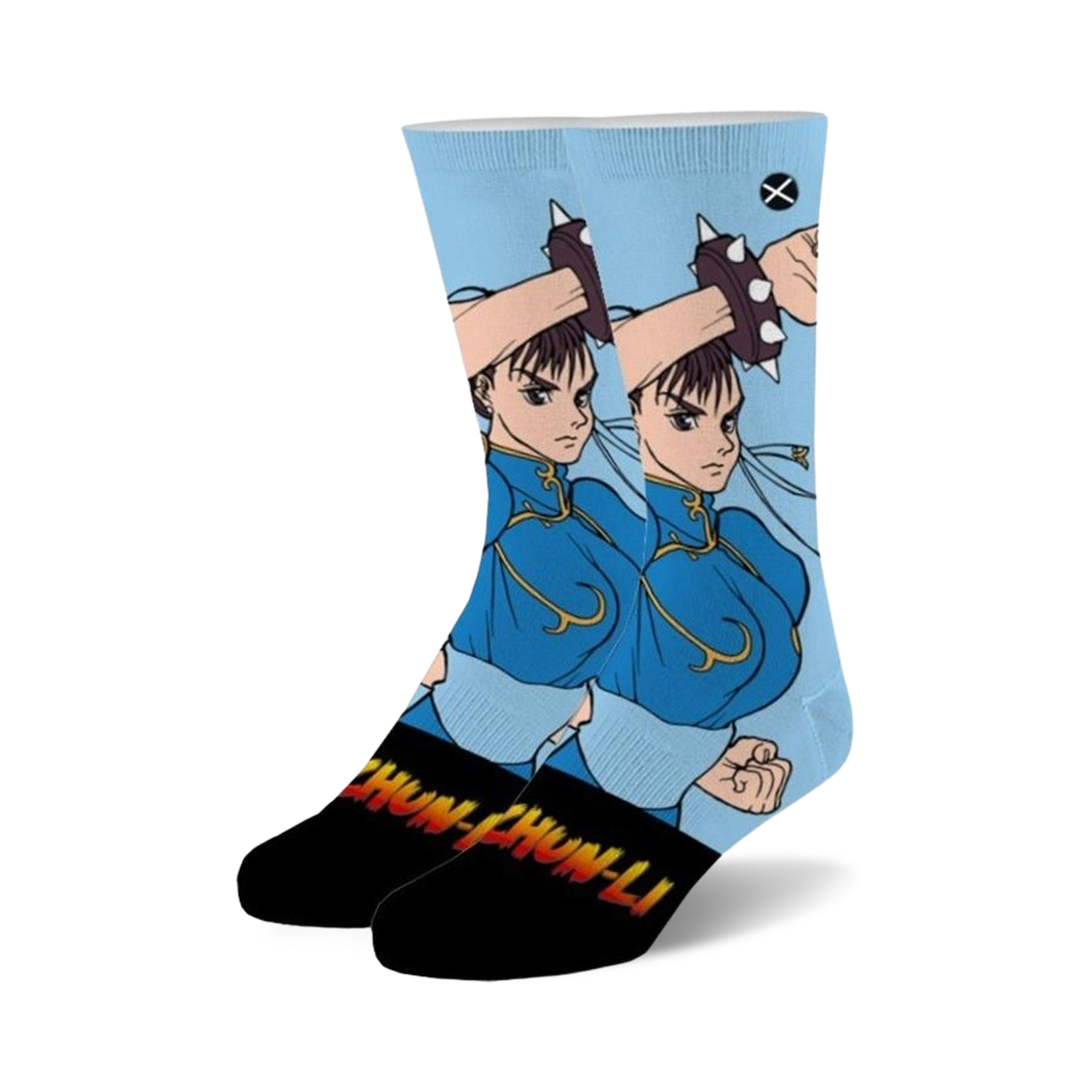 Crew socks with a Street Fighter 2 Chun-Li design.  The socks are light blue with a graphic image of Chun-Li in her signature blue outfit and the words 'Chun-Li' at the bottom.