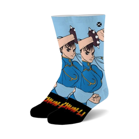 blue crew socks with a pattern of street fighter character chun li.  