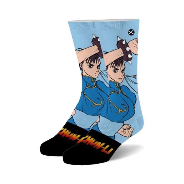blue crew socks with a pattern of street fighter character chun li.   }}