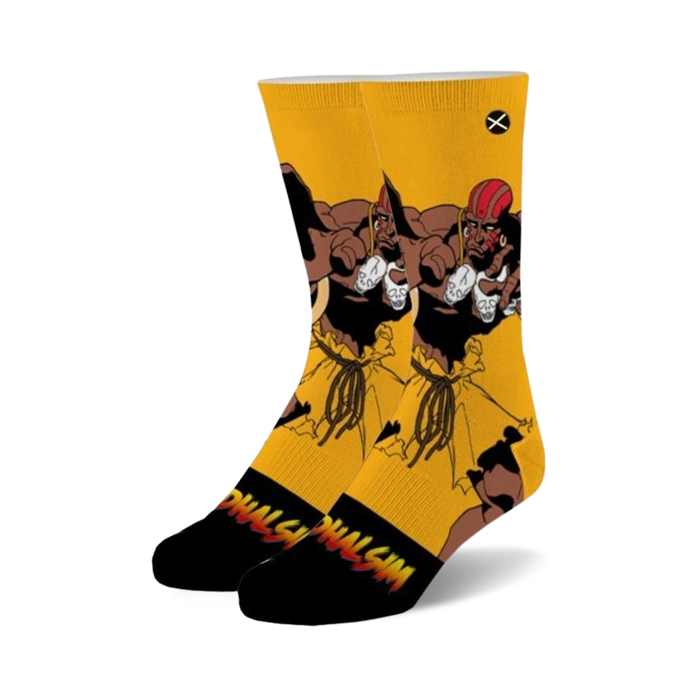 Pair of crew socks; predominantly yellow with black accents.  Features Dhalsim from Street Fighter 2 in a dynamic pose.