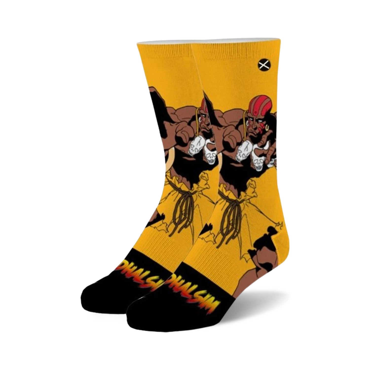 Pair of crew socks; predominantly yellow with black accents.  Features Dhalsim from Street Fighter 2 in a dynamic pose.