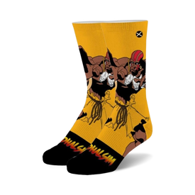  yellow street fighter 2 socks with dhalsim pattern; one size, cotton blend; for men and women.  