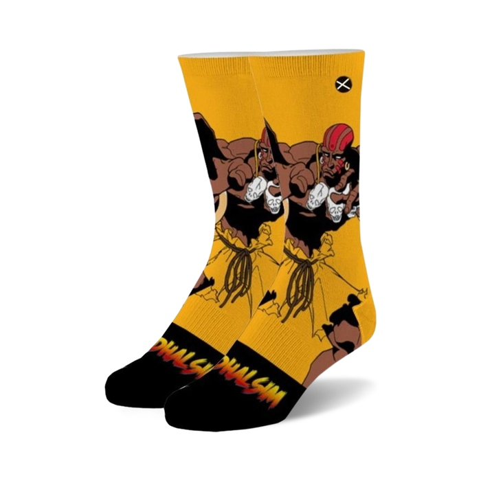  yellow street fighter 2 socks with dhalsim pattern; one size, cotton blend; for men and women.   }}