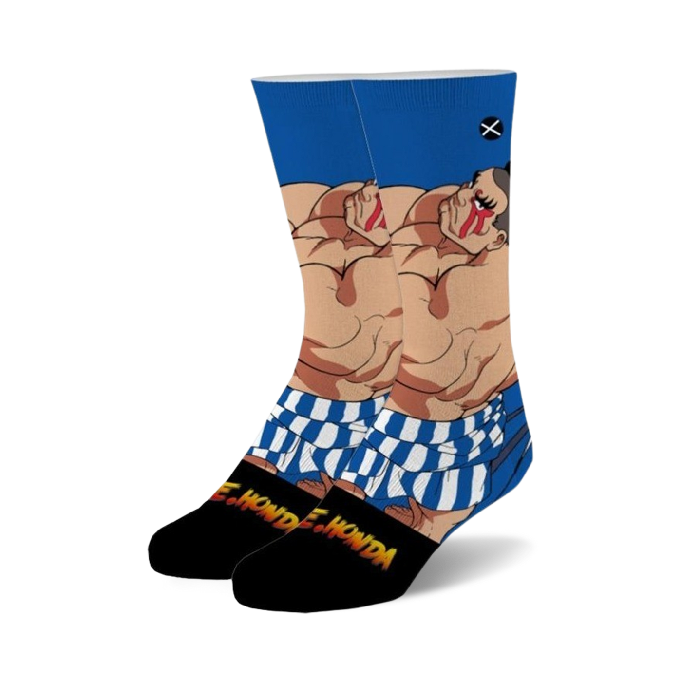 A pair of crew socks showing E.Honda from Street Fighter 2.  The socks are primarily blue and white with E. Honda's image, and black cuffs that say E. Honda.