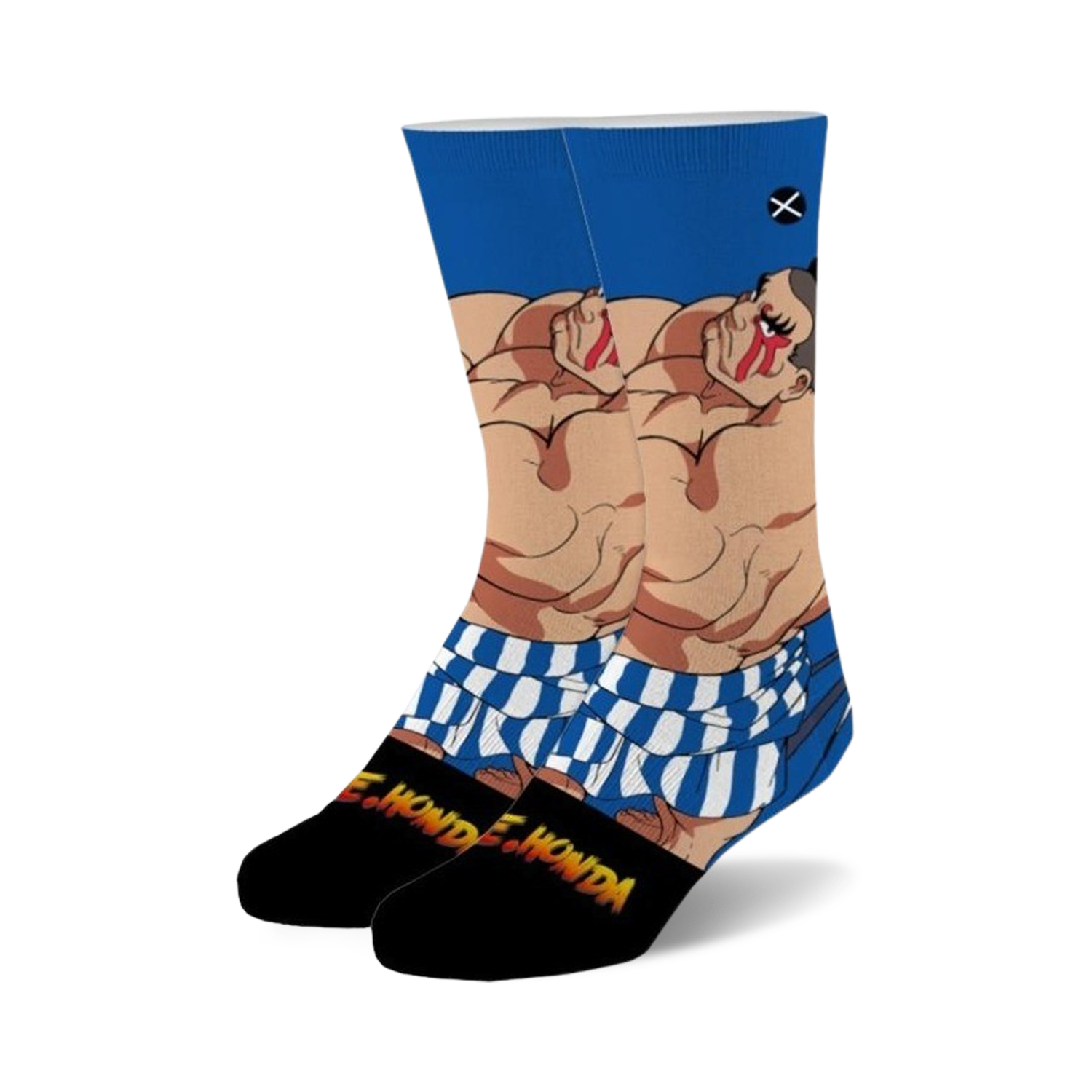 A pair of crew socks showing E.Honda from Street Fighter 2.  The socks are primarily blue and white with E. Honda's image, and black cuffs that say E. Honda.