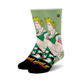 Crew socks showcasing Street Fighter's Guile. Green, black, and white design with Guile's portrait and camouflage pattern.