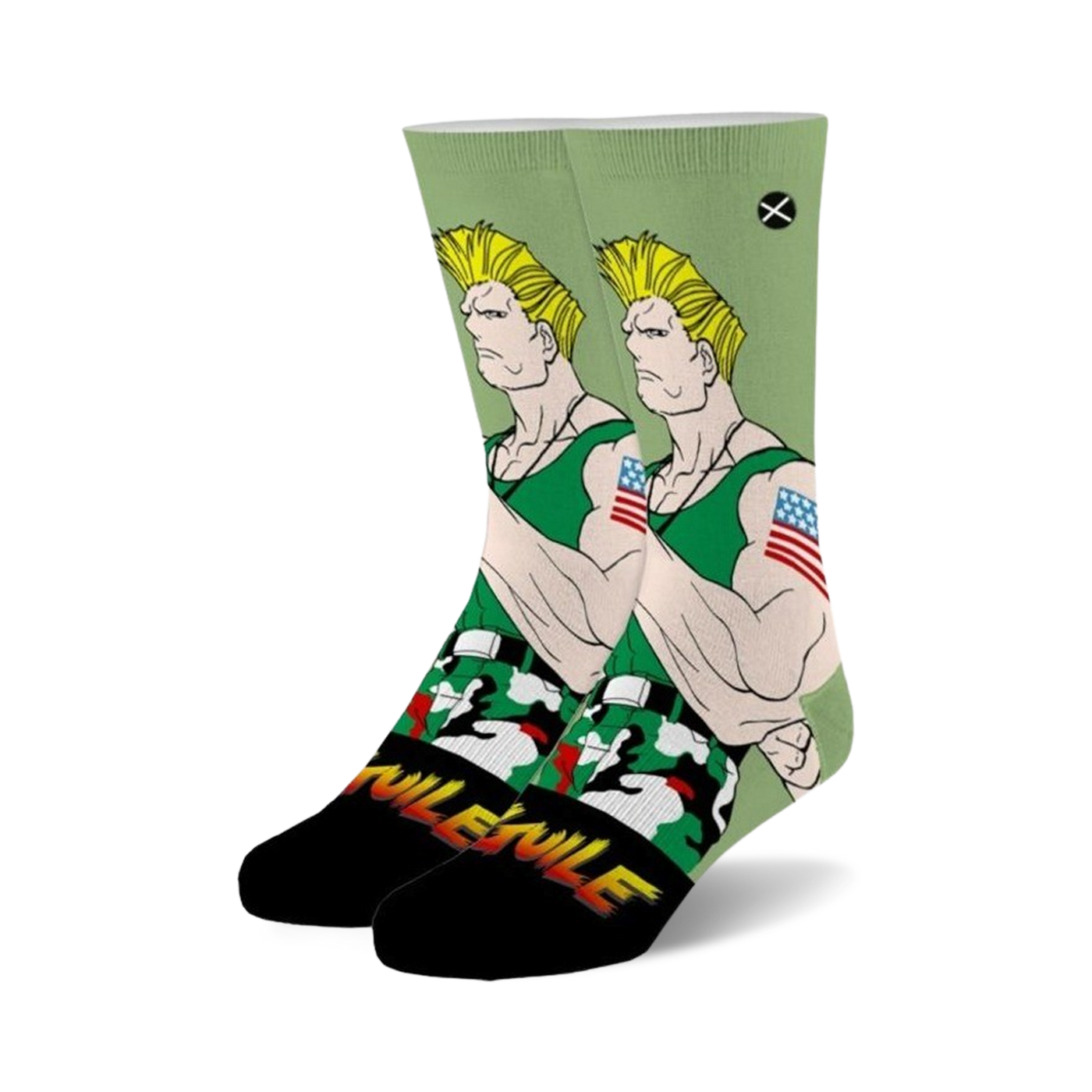 Crew socks showcasing Street Fighter's Guile. Green, black, and white design with Guile's portrait and camouflage pattern.