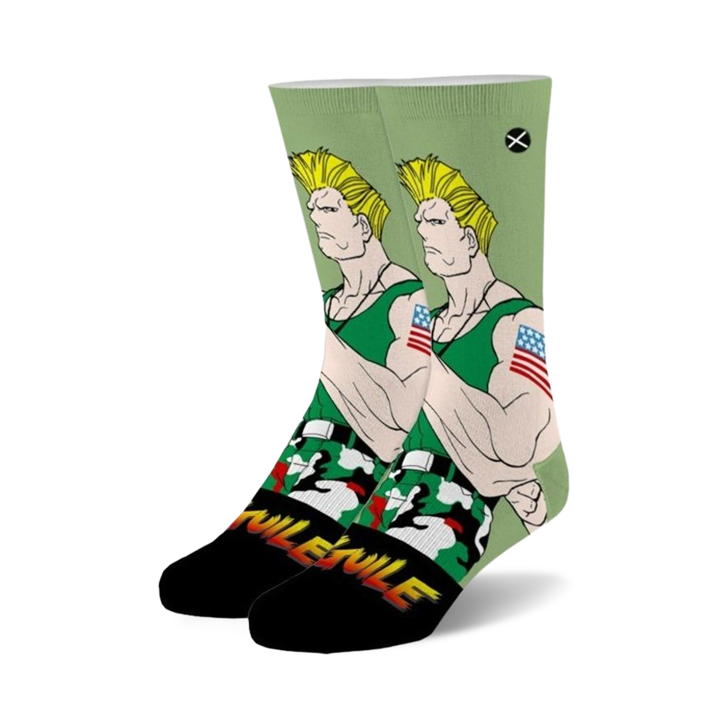 Crew socks showcasing Street Fighter's Guile. Green, black, and white design with Guile's portrait and camouflage pattern.