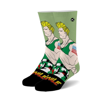 unisex street fighter 2 guile crew socks in green and black with an image of guile in a green tank top and camouflage pants.    