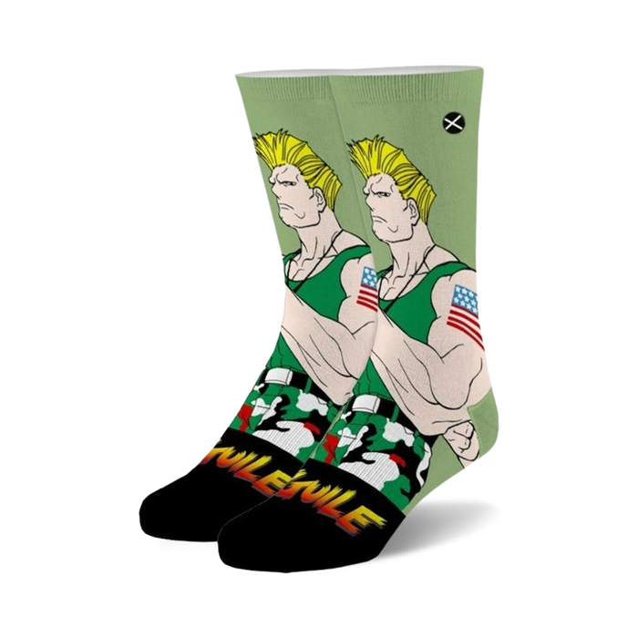unisex street fighter 2 guile crew socks in green and black with an image of guile in a green tank top and camouflage pants.     }}