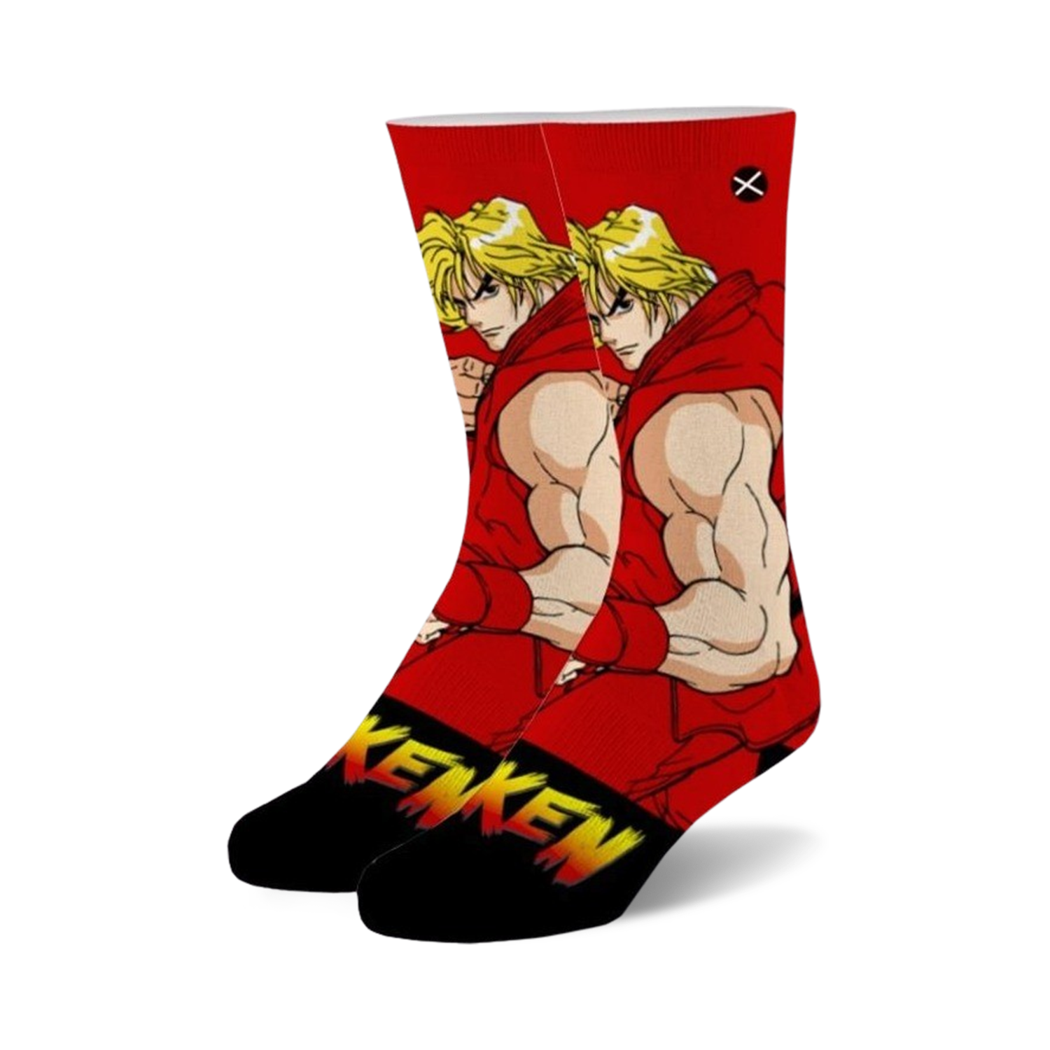 Crew socks featuring Street Fighter 2's Ken in red and black.  The design showcases Ken's portrait and his name in a bold font.