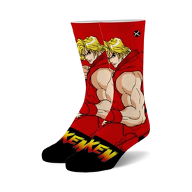  red crew socks with a pattern of street fighter 2 ken. men's and women's sizes.   