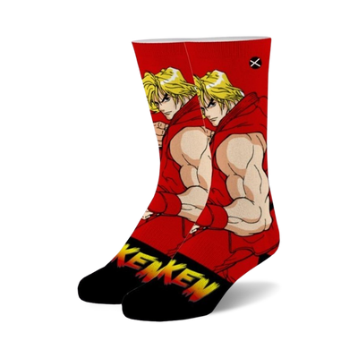  red crew socks with a pattern of street fighter 2 ken. men's and women's sizes.   