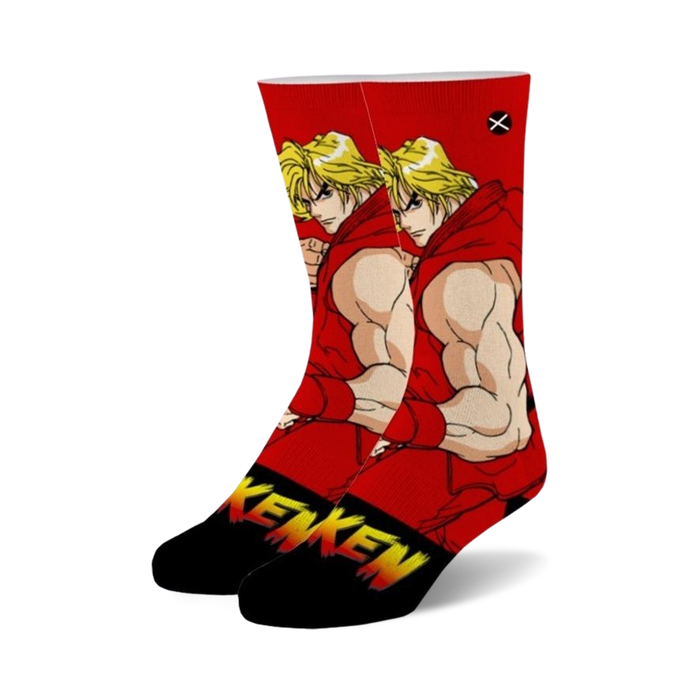  red crew socks with a pattern of street fighter 2 ken. men's and women's sizes.    }}