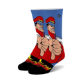 Crew socks featuring M. Bison from Street Fighter 2.  Red, black, and blue design with a thumbs-down pose and fiery 'Bison' text.