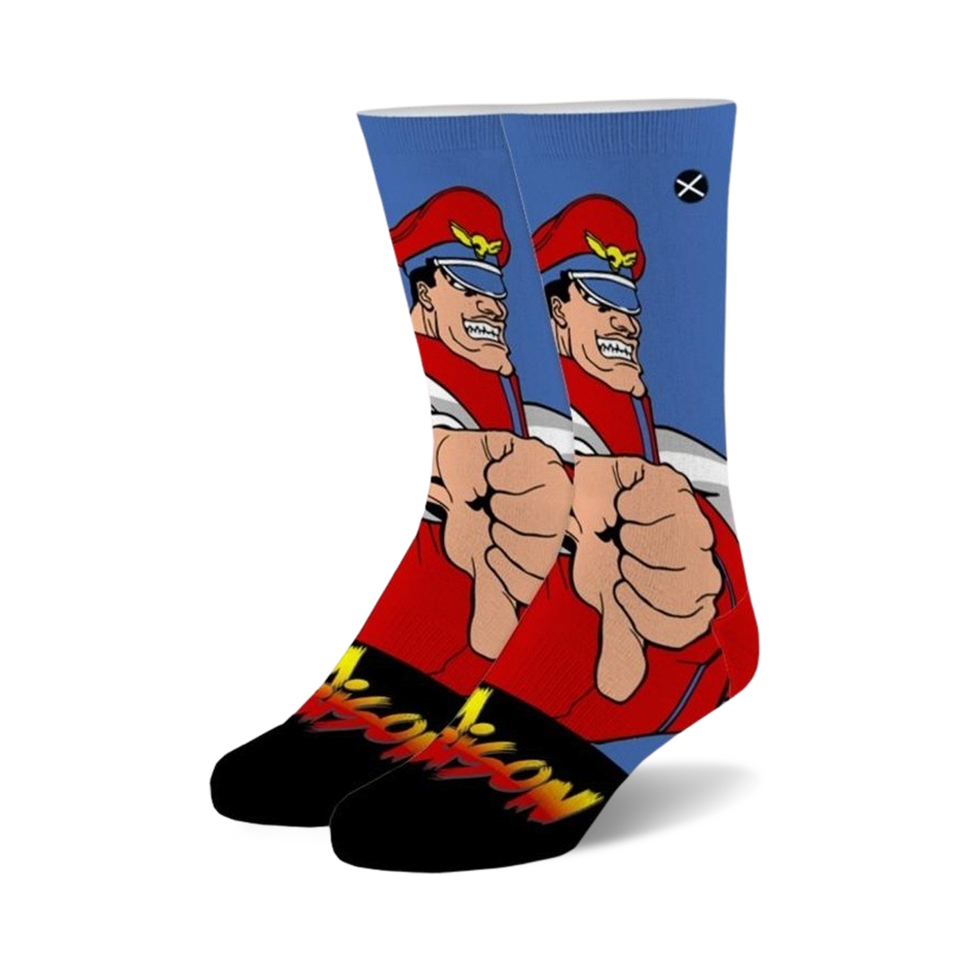 Crew socks featuring M. Bison from Street Fighter 2.  Red, black, and blue design with a thumbs-down pose and fiery 'Bison' text.
