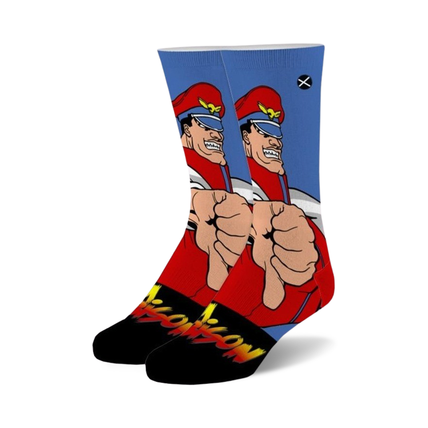 Crew socks featuring M. Bison from Street Fighter 2.  Red, black, and blue design with a thumbs-down pose and fiery 'Bison' text.
