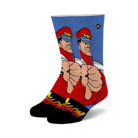  crew length cotton socks in blue, red, and black featuring a pattern of street fighter character m. bison, with signature red cap and gloves.