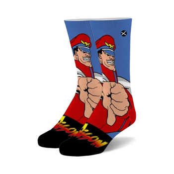  crew length cotton socks in blue, red, and black featuring a pattern of street fighter character m. bison, with signature red cap and gloves.
