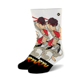Crew socks in white and black, featuring a graphic of Ryu from Street Fighter 2.  The black toes and heels showcase a fiery 'RYU' logo.