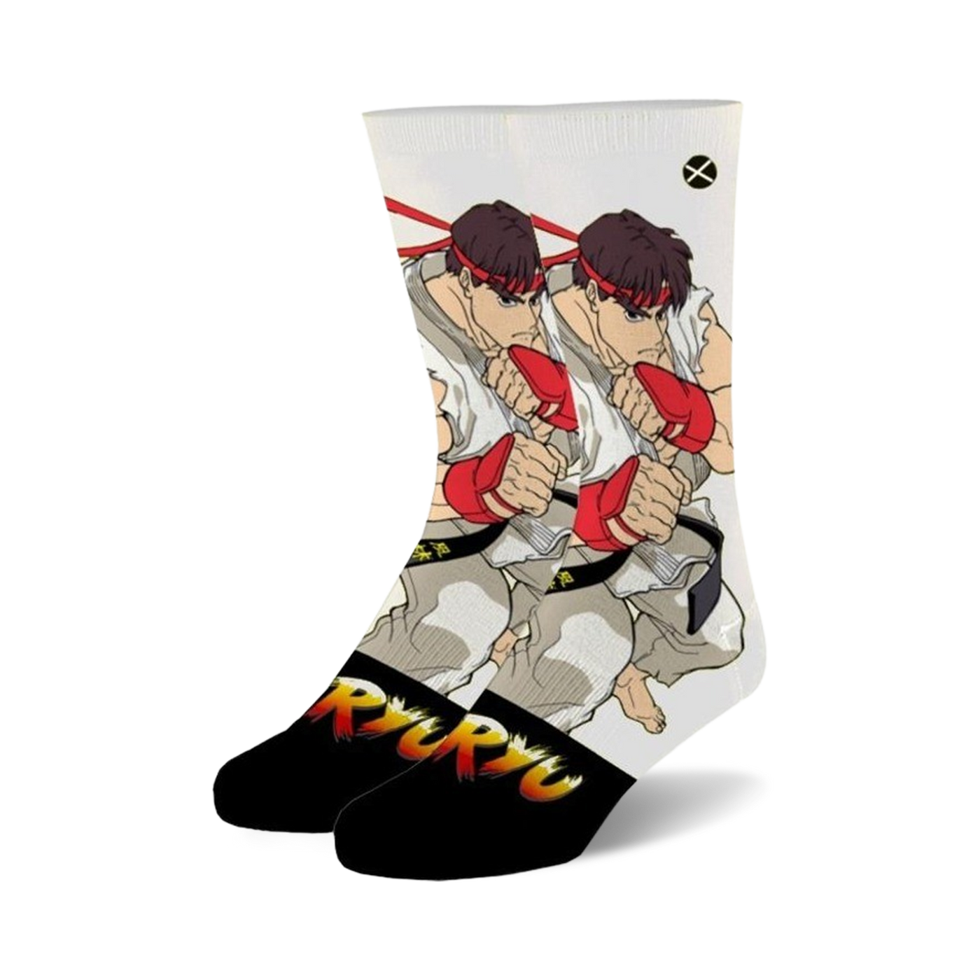 Crew socks in white and black, featuring a graphic of Ryu from Street Fighter 2.  The black toes and heels showcase a fiery 'RYU' logo.