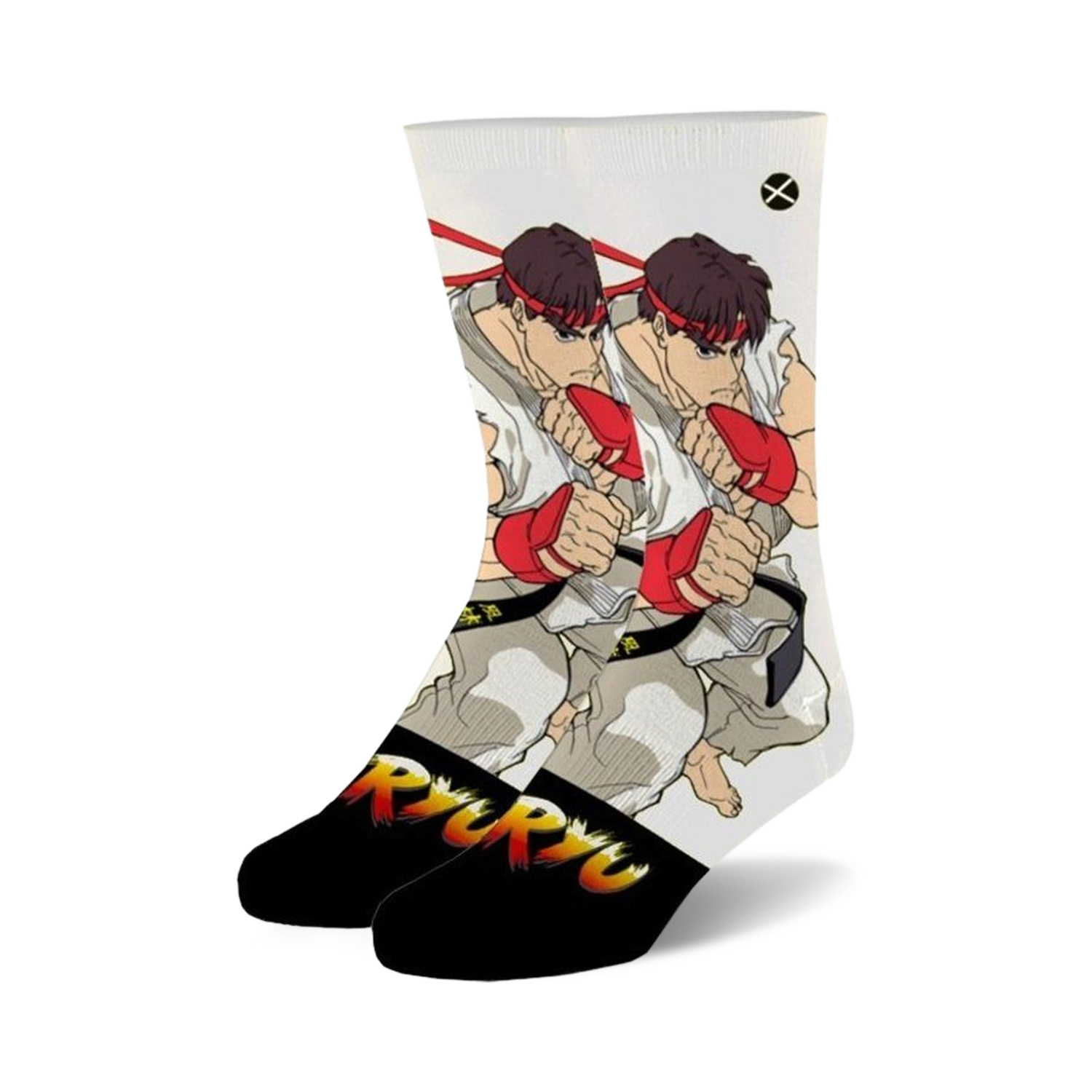 Crew socks in white and black, featuring a graphic of Ryu from Street Fighter 2.  The black toes and heels showcase a fiery 'RYU' logo.