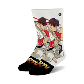 white crew socks with ryu from street fighter 2 pattern. perfect for fighting game fans.  