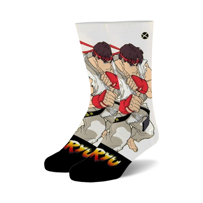 white crew socks with ryu from street fighter 2 pattern. perfect for fighting game fans.   }}