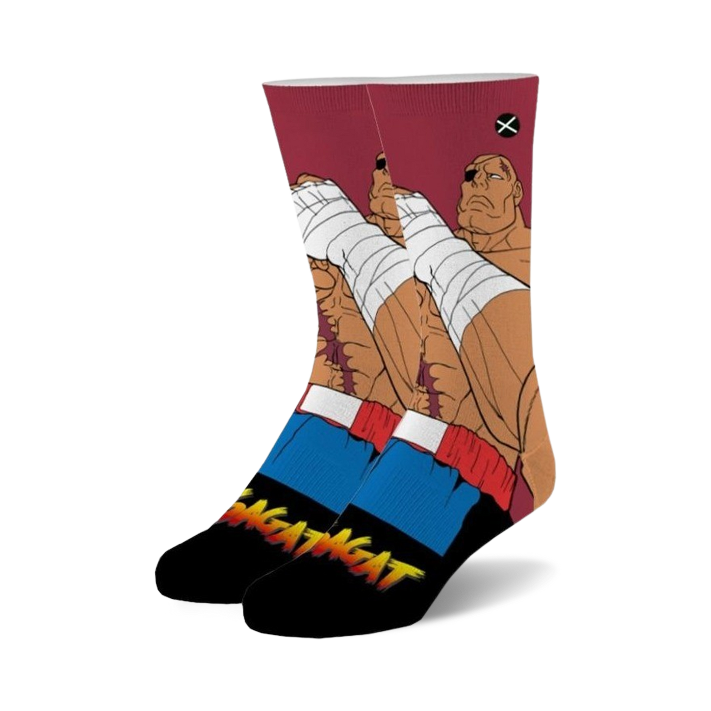 Pair of black, blue, and red crew socks featuring Street Fighter 2's Sagat; his image is predominantly displayed.