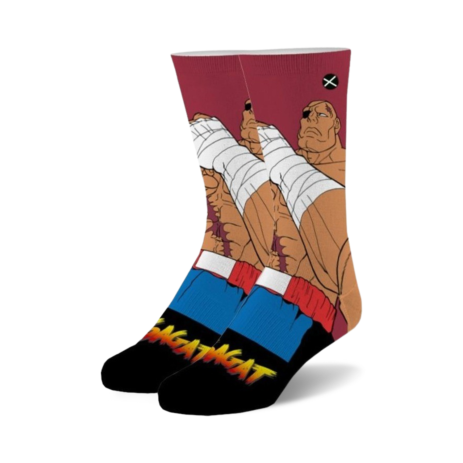 Pair of black, blue, and red crew socks featuring Street Fighter 2's Sagat; his image is predominantly displayed.