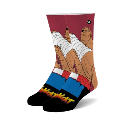 street fighter 2 sagat socks, red/black, crew length, men's/women's, fighting game   