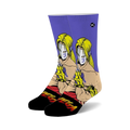 Pair of crew socks, predominantly purple and black, featuring a graphic of Vega from Street Fighter 2.