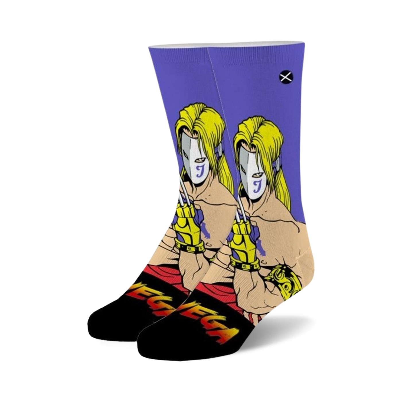 Pair of crew socks, predominantly purple and black, featuring a graphic of Vega from Street Fighter 2.