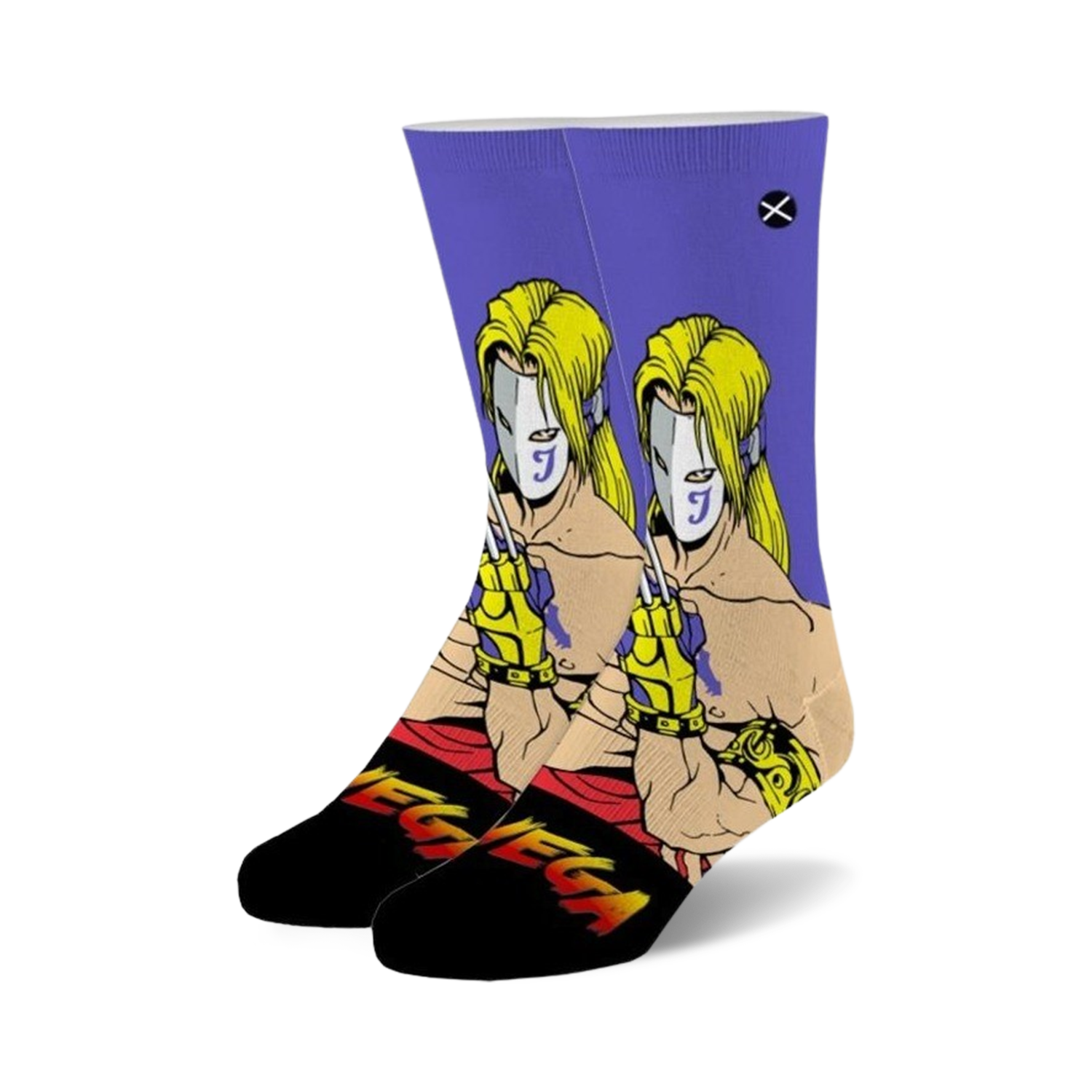 Pair of crew socks, predominantly purple and black, featuring a graphic of Vega from Street Fighter 2.