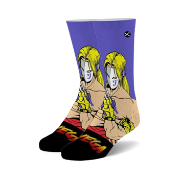 purple and black crew socks featuring vega from street fighter video game series.  