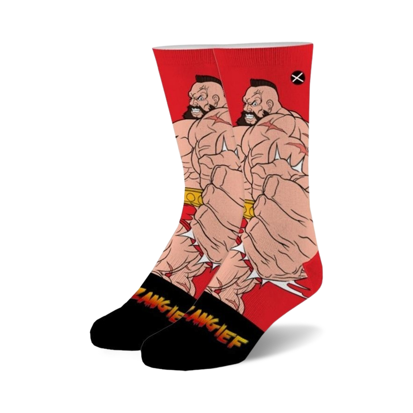 A pair of crew socks featuring Zangief from Street Fighter 2.  The socks are predominantly red with a detailed illustration of Zangief's muscular arms and fists.  Black accents are present on the sole.