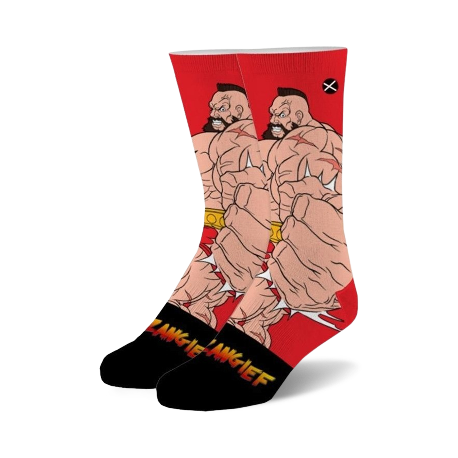 A pair of crew socks featuring Zangief from Street Fighter 2.  The socks are predominantly red with a detailed illustration of Zangief's muscular arms and fists.  Black accents are present on the sole.